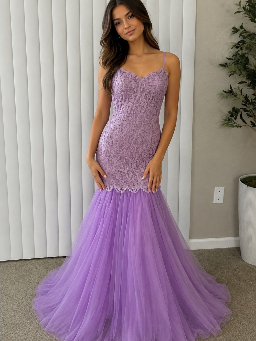 Camille La Vie Lavender Lace Mermaid Gown Size 4 Formal Gown